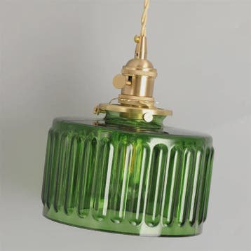 Vintage Groene Glazen Hanglamp - Nordic Stijl, Koperen Accen, Verzenden, Nieuw