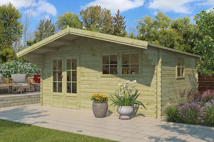 Woodlands Blokhut Koski Groen Geïmpregneerd 505 x 415 cm, Tuin en Terras, Tuinhuizen