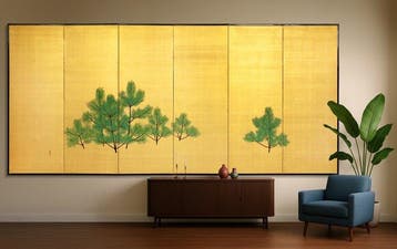 Byôbu  (vouwscherm) - Papier, Gouden zijde, gelakt hout,