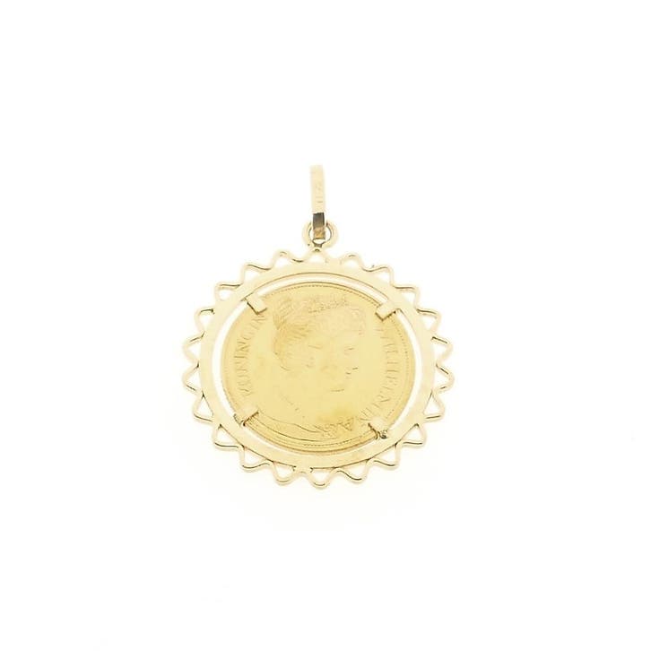 Gouden hanger van een gouden vijfje; Koningin Wilhelmina..., Sieraden, Tassen en Uiterlijk, Bedels, Gebruikt, Overige merken, Goud