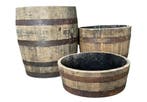 Eiken houten bloembakken - set van 3 - eiken - whiskyvaten, Rond, Ophalen of Verzenden, Zo goed als nieuw, Balkon