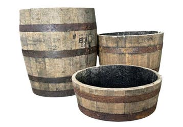 Eiken houten bloembakken - set van 3 - eiken - whiskyvaten, Tuin en Terras, Bloembakken en Plantenbakken, Rond, Ophalen of Verzenden