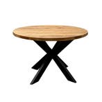Ronde teak tafel metalen kruispoot op voorraad; Indoteak, Nieuw, Ophalen of Verzenden, Modern, Vier personen
