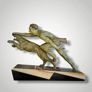 L. Valderi - sculptuur, Homme et Panthère - 47 cm - metaal,