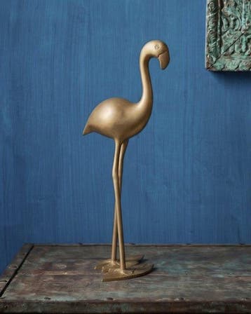 Beeld, Messing flamingo op bladvoet, Hollywood Regency •