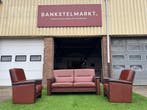 Bankstel SENIOREN bruin leer 2,5+1+1 zit bank en fauteuils, Zo goed als nieuw, Rechte bank, Leer, Senioren
