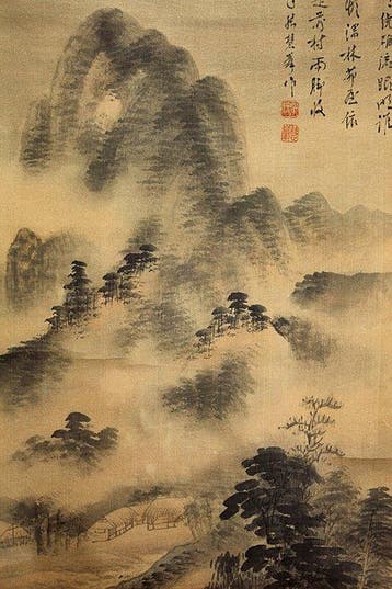 Sansui-ga with poem - With signature and seal  Keih -, Antiek en Kunst