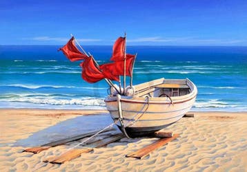 Kunstdruk Sigurd Schneider - Small fishing boat 80x60cm, Verzenden, Nieuw