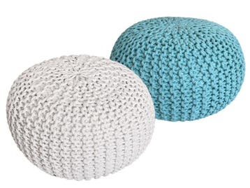 Ronde katoenen poef - set van 2 - gebroken wit/turquoise -, Verzenden, Nieuw