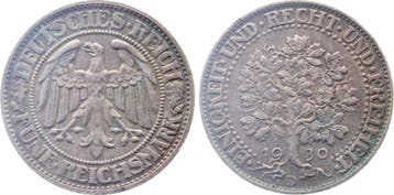 Duitsland 5 Reichsmark 1930 D Eichbaum vorzueglich J 331..., Verzenden