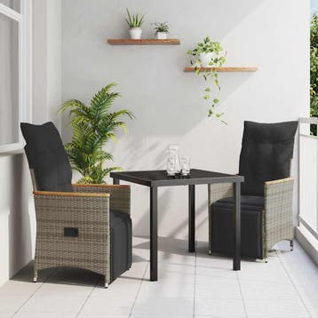 vidaXL Tuin eettafelset met kussen 3 pcs Grijs poly rattan, Verzenden, Nieuw, Rotan, 3 zitplaatsen
