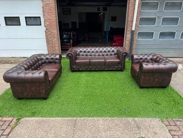Bankstel CHESTERFIELD 3+ 2zit banken met fauteuil bruin leer, Design, Zo goed als nieuw, Rechte bank, Leer