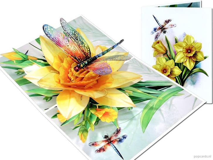 Wenskaart Gele Narcis Bloemen met Libelle pop-up kaart, Diversen, Wenskaarten, Verzenden