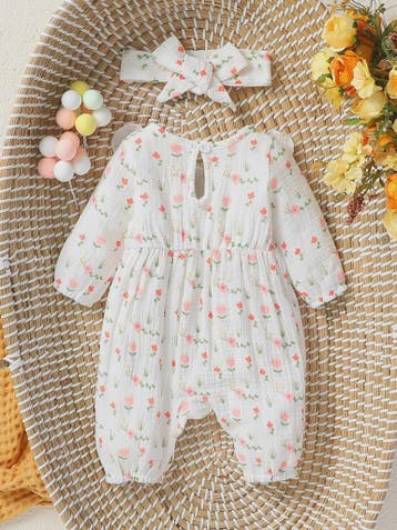 Schattige Baby Meisjes Jumpsuit met Bloemenprint, Lange Mouw, Verzenden, Nieuw