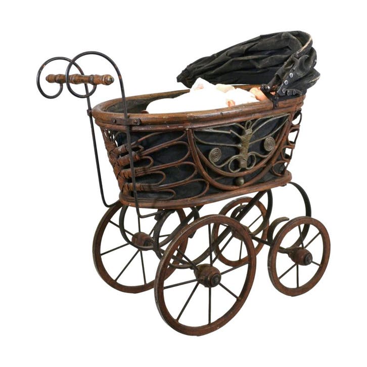 Antieke poppenwagen met porseleinen pop, Antiek en Kunst, Kunst | Overige Kunst