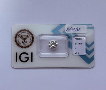 1 pcs Diamant (Natuurlijk) - 2.13 ct - Rond - F - VS1 -, Nieuw