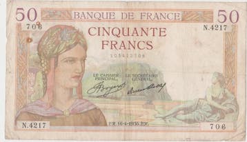 France Frankreich F 17/24 50 Francs Cérès 16 04 1936 N 421, Verzenden