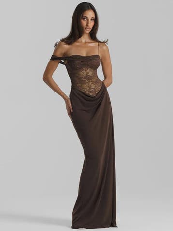 Chique Bruine Maxi Jurk met Kant en Off-Shoulder Design - Se, Verzenden, Nieuw