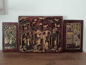 Drieluik Chinese panelen in hout, met opengewerkt
