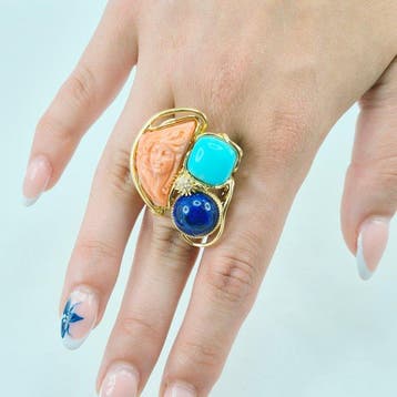 Koraal - Zilver, Verguld - Ring - Turkoois, roze koraal