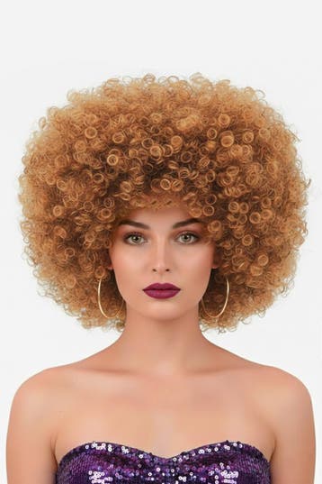 KIMU® Pruik Afro Lichtbruin Disco met Gratis 2x Haarnetje Br, Kleding | Dames, Carnavalskleding en Feestkleding, Ophalen of Verzenden