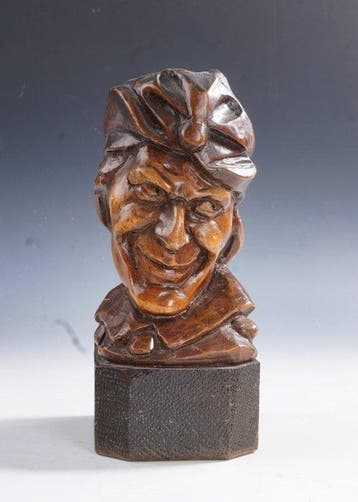 sculptuur, Borstbeeld Lachende nar • Handgesneden hardhouten