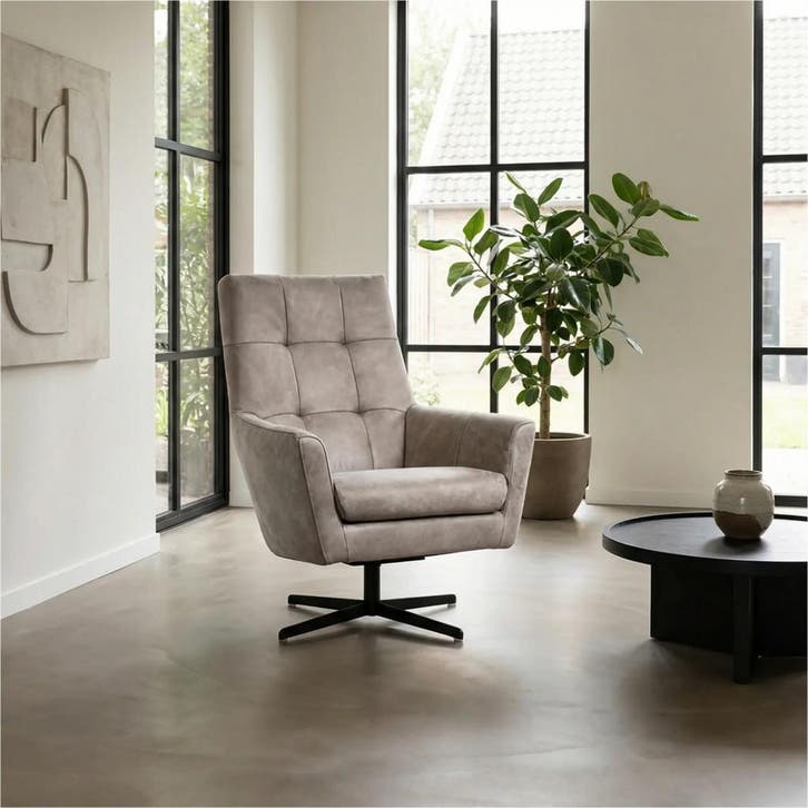 Leren draaifauteuil Central - Kenia Lightgrey (lichtgrijs), Huis en Inrichting, Fauteuils, 75 tot 100 cm, 75 tot 100 cm, Nieuw