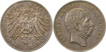 Duitsland 5 Mark Albert Koenig v Sachsen 1899 E fast vorz..., Verzenden