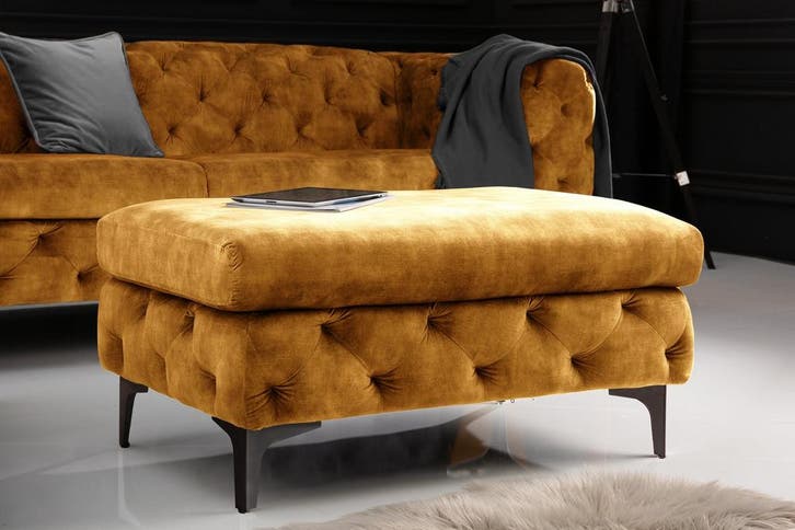 Chesterfield kruk MODERN BAROK 90cm mosterdgeel fluweel, Huis en Inrichting, Stoelen, Ophalen of Verzenden