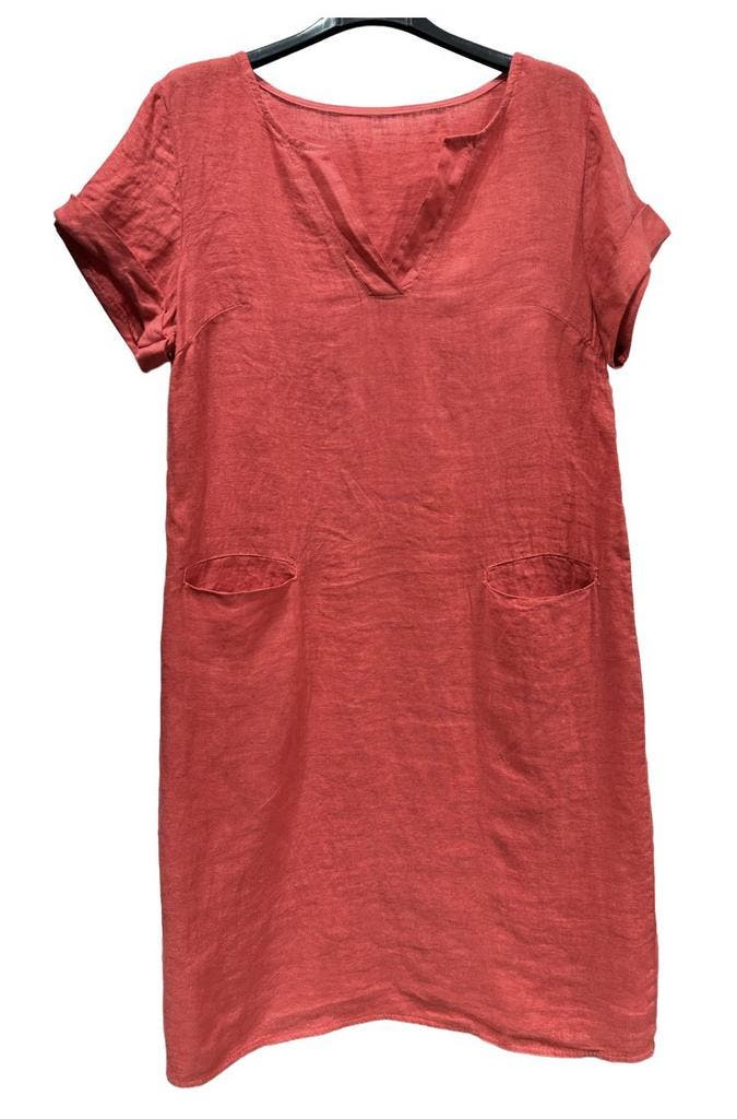 Linnen midi jurk met steek zakken - korte mouwen - v-hals -, Kleding | Dames, Jurken