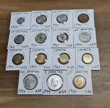 Spanje. Francisco Franco. Colección de 15 monedas 1937-1966, Postzegels en Munten