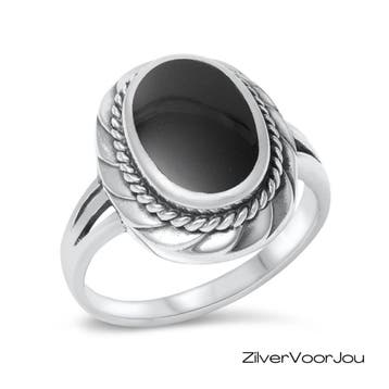 Zilveren zwarte sierlijke agaat ring, Verzenden, Nieuw, Zilver