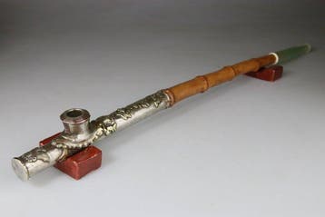 Opiumpijp, Chinees model, van bamboe - Bamboe, Zilver,