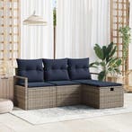 vidaXL Bankstel met kussen 4 pcs Grijs en Marineblauw poly, Verzenden, Nieuw, Rotan, 4 zitplaatsen