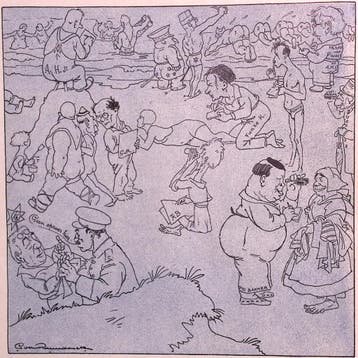Spotprent over kunstenaars van De Notenkraker op het strand, Antiek en Kunst, Verzenden