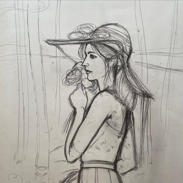 Yves Ganne (1931-2019) - Élégante au chapeau et bouquet de, Antiek en Kunst