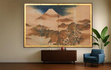 Vouwscherm met Mount Fuji en kraanvogels - papier, hout,, Antiek en Kunst