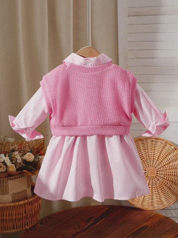 Baby Meisjes Jurk met Geborduurd Vest en Gestreept Shirt - L, Verzenden, Nieuw
