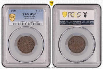 Koningin Wilhelmina 2 1/2 cent 1929 MS63 Blackened PCGS, Verzenden, Koningin Wilhelmina, Losse munt