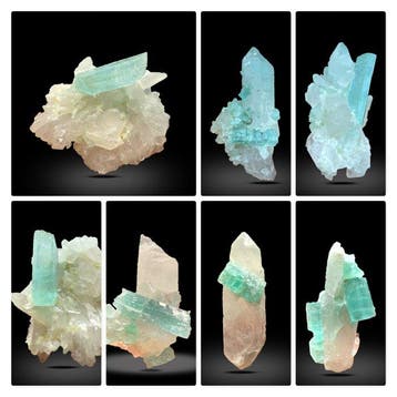 Vanadium Aquamarine op kwarts kristal – Partij van 7 –, Verzamelen, Mineralen en Fossielen