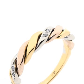 Tricolor gouden ring met diamanten; 0,02 ct., Gebruikt, Ophalen of Verzenden, 17 tot 18, Met edelsteen