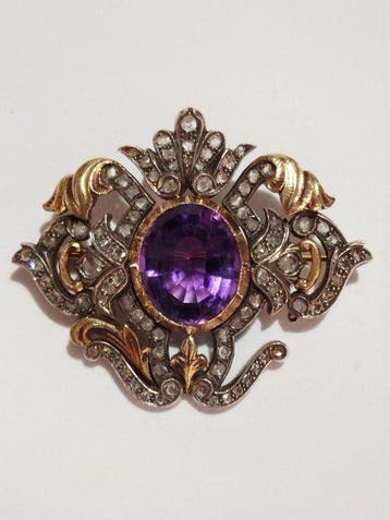 Broche - 19.2 kt. Geel goud Amethist - Diamant