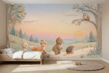 Bosdieren behang babykamer – pastelbos fotobehang, Verzenden, Fotobehang