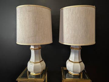 Tafellamp - Melkglas en Brons - Paar vintage tafellampen van
