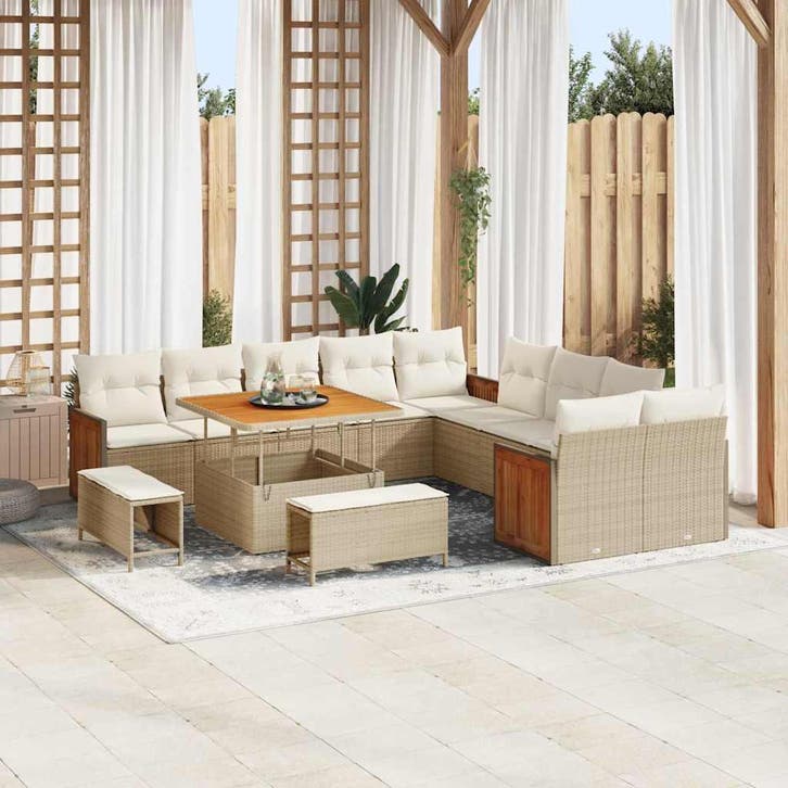 vidaXL Tuinbankenset met kussen 17 pcs Beige en Crème poly, Tuin en Terras, Tuinsets en Loungesets, Nieuw, 7 zitplaatsen, Rotan