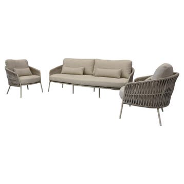 Sarenza stoel bank loungeset 3 delig zand rope latte frame, Tuin en Terras, Ophalen of Verzenden, Nieuw