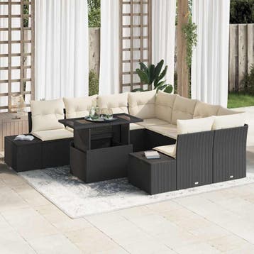 vidaXL Tuin Sofa Set 9 st Zwart en Crème poly rattan, Verzenden, Nieuw, Meer dan 8 zitplaatsen