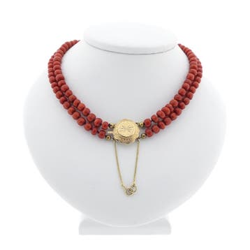 Antieke bloedkoralen kralen collier met gouden slot., Gebruikt, Ophalen of Verzenden, Met edelsteen, Goud