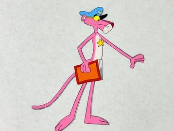 Friz Freleng - Originele animatiecel en tekening van De Roze, Nieuw in verpakking