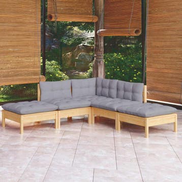 vidaXL 5-delige Loungeset met grijze kussens grenenhout, Verzenden, Nieuw, 5 zitplaatsen, Loungeset